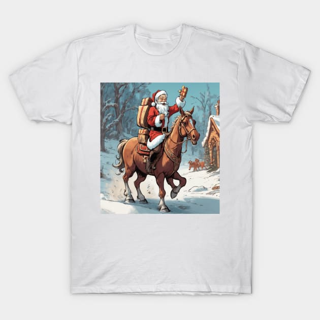 Santa Claus Delivering Toys On Horse T-Shirt by Trending Tees